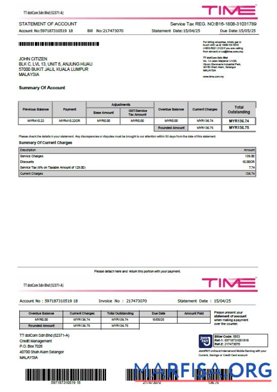 Printable Malaysia Time utility bill template in Word and PDF formats